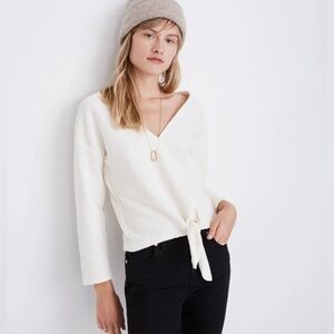 Madewell Texture & Thread Long-Sleeve Tie-Front Top Sz S Ribbed Antique Cream
